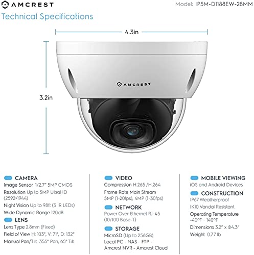 Amcrest 5MP POE Cámara de seguridad IP5M-D1188EW-28MM POE IP, 5 Mpx, 98 pies NightVision, lente de 2,8 mm, IP67, resistencia IK10, MicroSD de 256 GB (se vende por separado), Cloud (IP5M-D1188EW-28MM)