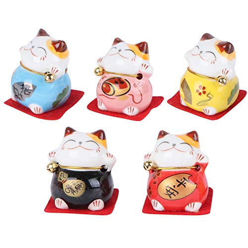 Amosfun 5 minifiguras Maneki Neko con forma de gato afortunado de Fengshui chino japonés estatua de la suerte para interior del coche de mesa, decoración