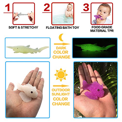 Animal marino, 18 paquetes de juguetes de goma de baño,Se puede cambiar el color de algunos tipos, fiesta de las figuras del mundo zoológico de juguete de baño flotante y blando, baño con tiburón