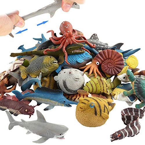 Animal marino, 18 paquetes de juguetes de goma de baño,Se puede cambiar el color de algunos tipos, fiesta de las figuras del mundo zoológico de juguete de baño flotante y blando, baño con tiburón