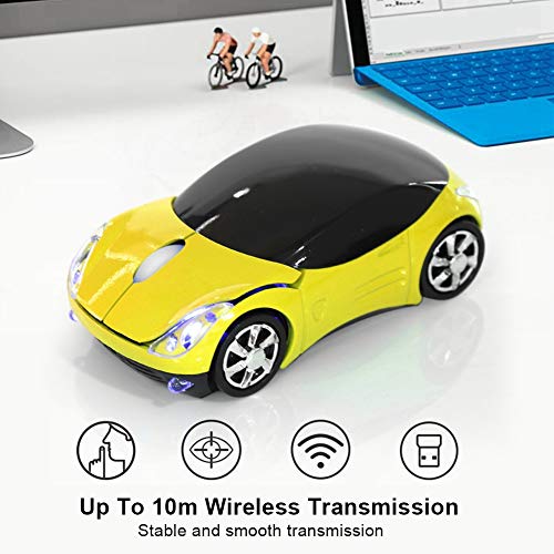 Annadue Ratón Coche para niños, ratón inalámbrico 2.4G con Receptor USB, 3 Botones 1600DPI Tablet PC Ratón óptico Ratón para Juegos para Mac, para Windows(Amarillo)