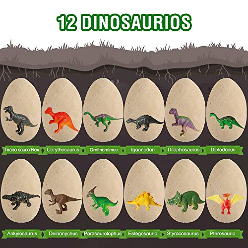 Anpro 12 Huevos de Dinosaurio,Kit de Excavación,Incluye 12 Figuras de Dinosaurios de Juguete, Regalo Infantil para Aprender Ciencias de la Arqueología