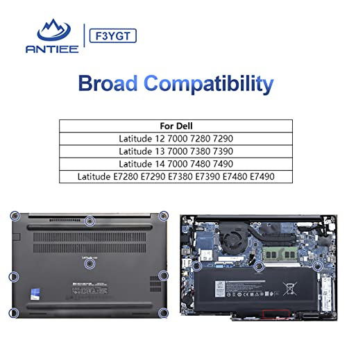 ANTIEE F3YGT Laptop Batería para DELL Latitude 12 7000 7280 7290 Latitude 7380 7390 7480 7490 E7480 E7280 Notebook 0F3YGT DM3WC DM6WC 0DM3WC 2X39G KG7VF V4940 451-BBYE 7.6V 60Wh