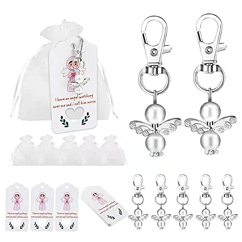 Aotoer Juego de 50 llaveros de ángel con diseño de ángel con etiquetas de agradecimiento y bolsas de regalo con cordón, regalos antiepidémicos para agradecer a la enfermera y el doctor