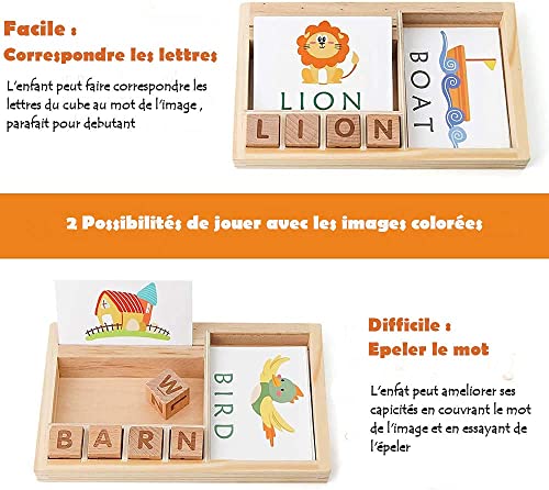 Aprender a leer ingles, alfabeto montessori, Juego educativo, Juegos de Ortografía, Juego Divertido, Juego de Letras de Madera con Tarjetas de Vocabulario, ABC Montessori Regalo para niños 3 4 5 años