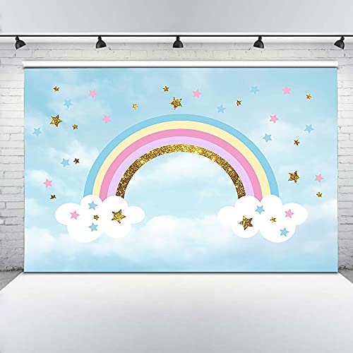 Arco Iris bebé telón de Fondo fotografía Cielo Azul Nube cumpleaños Fondo Estrellas Dorado Accesorios de Estudio fotográfico sesión fotográfica A1 7x5ft / 2,1x1,5 m