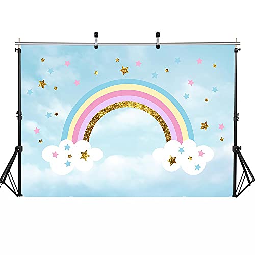 Arco Iris bebé telón de Fondo fotografía Cielo Azul Nube cumpleaños Fondo Estrellas Dorado Accesorios de Estudio fotográfico sesión fotográfica A1 7x5ft / 2,1x1,5 m
