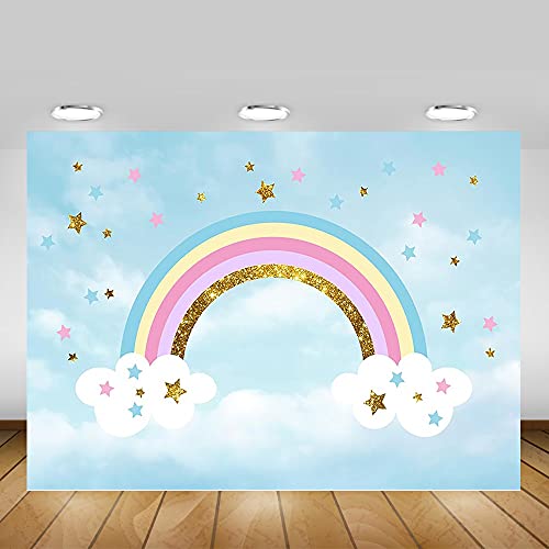 Arco Iris bebé telón de Fondo fotografía Cielo Azul Nube cumpleaños Fondo Estrellas Dorado Accesorios de Estudio fotográfico sesión fotográfica A1 7x5ft / 2,1x1,5 m