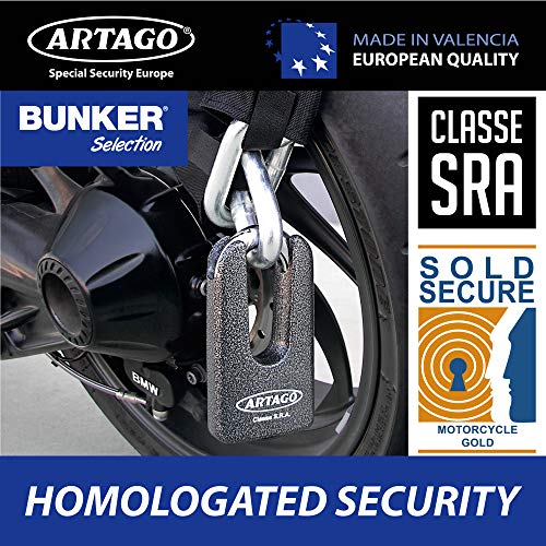 Artago 69T150 Cadena Antirrobo Moto Doble Función, Máxima Seguridad Bunker Selection, Homologado CLASSE Sra y Sold Secure Gold, ø15, 150 cm