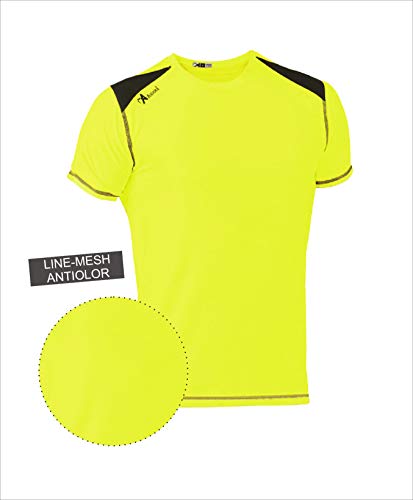 ASIOKA 182/17 Camiseta técnica combinada Unisex para Adultos de m/Corta, Amarillo flúor/Marengo, S