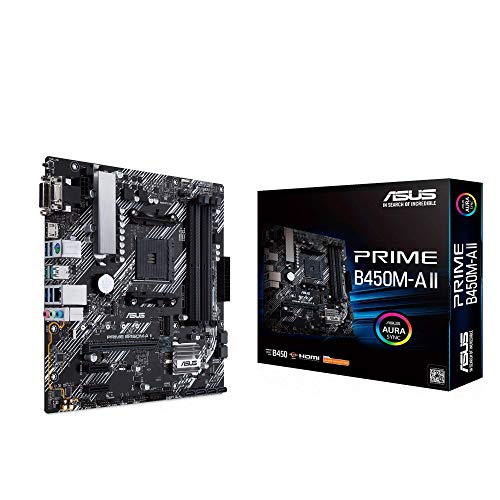 Asus Prime B450M-A II - Placa Base Micro-ATX AMD B450 Ryzen AM4 con Soporte M.2, HDMI/DVI/D-Sub, SATA 6 Gbps, 1 GB Ethernet, USB 3.2 Gen 2 de Tipo A, BIOS Flashback y Aura Sync RGB