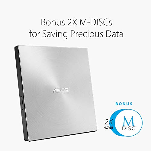 ASUS SDRW-08U7M-U - Grabadora externa de DVD 8X,paquete 2 uds M DISC, compatible con Mac, 13.9mm Ultraslim, M-DISC, cifrado de disco, almacenamiento web (12 meses), NERO Backitup, E-Green, E-Media