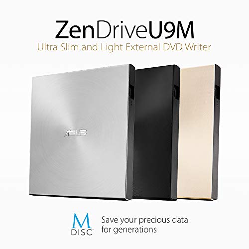 ASUS ZenDrive U9M SDRW-08U9M-U - Unidad de Disco óptico (8X, USB Tipo C + Tipo A, Compatible con Mac, 13.9 mm ultradelgada, compatibilidad con M-Disc, encriptación de Disco, E-Green, E-Media), Plata