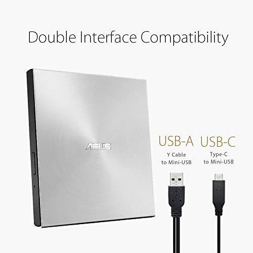 ASUS ZenDrive U9M SDRW-08U9M-U - Unidad de Disco óptico (8X, USB Tipo C + Tipo A, Compatible con Mac, 13.9 mm ultradelgada, compatibilidad con M-Disc, encriptación de Disco, E-Green, E-Media), Plata