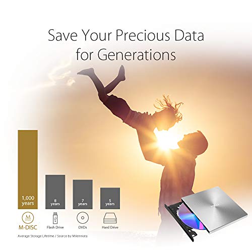 ASUS ZenDrive U9M SDRW-08U9M-U - Unidad de Disco óptico (8X, USB Tipo C + Tipo A, Compatible con Mac, 13.9 mm ultradelgada, compatibilidad con M-Disc, encriptación de Disco, E-Green, E-Media), Plata