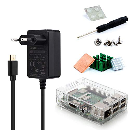 Aukru - Kit 3-en-1 para Raspberry Pi 3 Modelo B, Incluye una Caja Transparente, alimentación de 5 V - 3000 mA, y disipador térmico