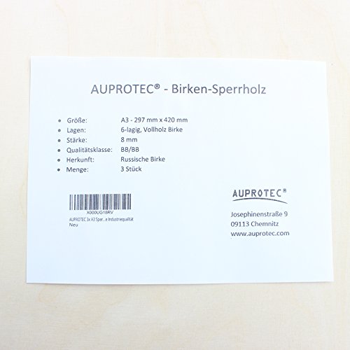 AUPROTEC 3x A3 Placas de madera 8mm Contrachapado de Abedul (297 mm x 420 mm) para manualidades bricolaje marquetería madera maciza contrachapada