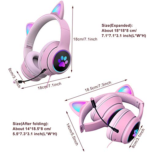 Auriculares con luz LED con micrófono plegable con orejas de gato con luces LED RGB, USB de 3,5 mm con cable sobre la oreja para PC, teléfono móvil
