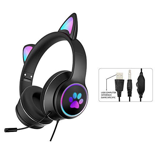 Auriculares con luz LED con micrófono plegable con orejas de gato con luces LED RGB, USB de 3,5 mm con cable sobre la oreja para PC, teléfono móvil