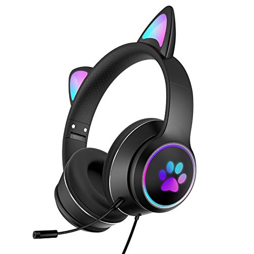Auriculares con luz LED con micrófono plegable con orejas de gato con luces LED RGB, USB de 3,5 mm con cable sobre la oreja para PC, teléfono móvil