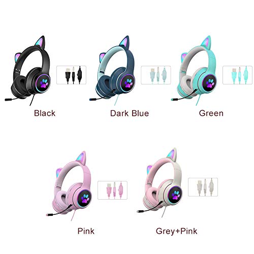 Auriculares con luz LED con micrófono plegable con orejas de gato con luces LED RGB, USB de 3,5 mm con cable sobre la oreja para PC, teléfono móvil