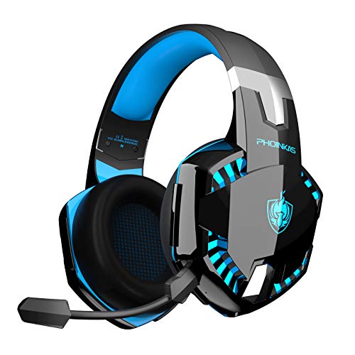Auriculares Gaming PS4, PHOINIKAS Wired Gaming Auriculares für PS5, Xbox One, PC, Auriculares inalámbricos con Sonido Envolvente de Graves 7.1, Noise Cancelling-Mik, LED Licht - Blue