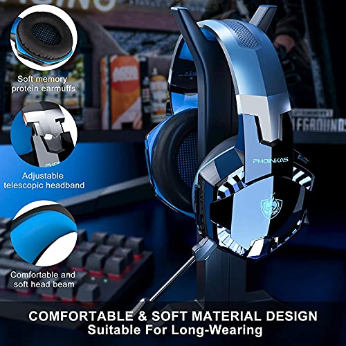 Auriculares Gaming PS4, PHOINIKAS Wired Gaming Auriculares für PS5, Xbox One, PC, Auriculares inalámbricos con Sonido Envolvente de Graves 7.1, Noise Cancelling-Mik, LED Licht - Blue
