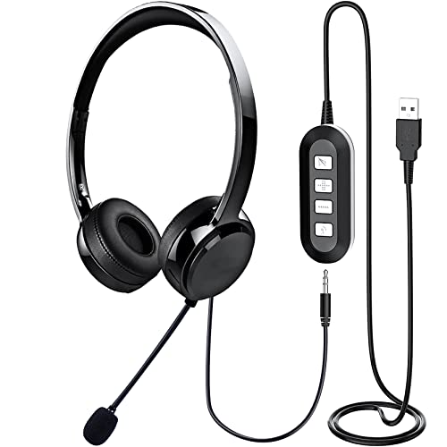 Auriculares para PC, USB / 3,5 mm Auriculares para computadora con micrófono Cancelación de Ruido Control en línea Auriculares livianos Auriculares comerciales para Skype, Zoom, Teléfono