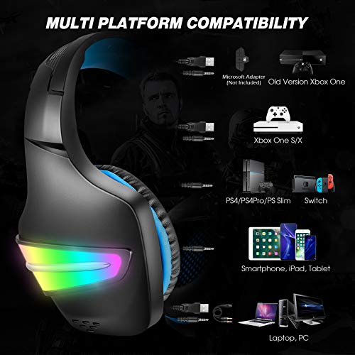 Auriculares para Videojuegos PS4, LED, Micrófono y Cancelación de Ruido Ajustable, Compatible con Switch/Xbox One/PS4/PC/Tablet/Smartphone, Bajos Estéreo, Luz LED