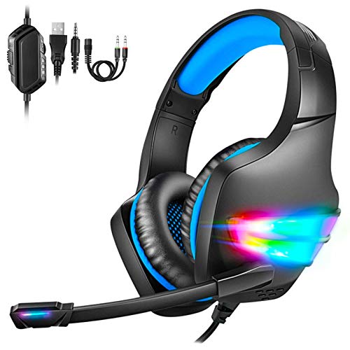 Auriculares para Videojuegos PS4, LED, Micrófono y Cancelación de Ruido Ajustable, Compatible con Switch/Xbox One/PS4/PC/Tablet/Smartphone, Bajos Estéreo, Luz LED