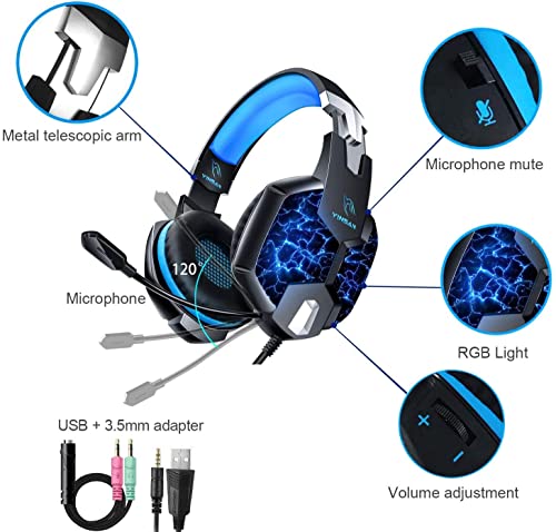 Auriculares para Videojuegos, YINSAN Cascos Gaming Premium Estéreo con Micrófono, 7 Luces LED y Orejeras de Memoria Suave, Gaming Headset con Control de Volumen para PS4, PC, Xbox One, Nintendo Switch