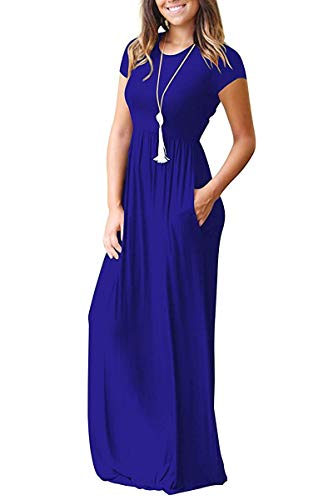 AUSELILY Maxi Vestidos Largos Sueltos de Manga Corta con Bolsillos para muje(Azul Real,XL)