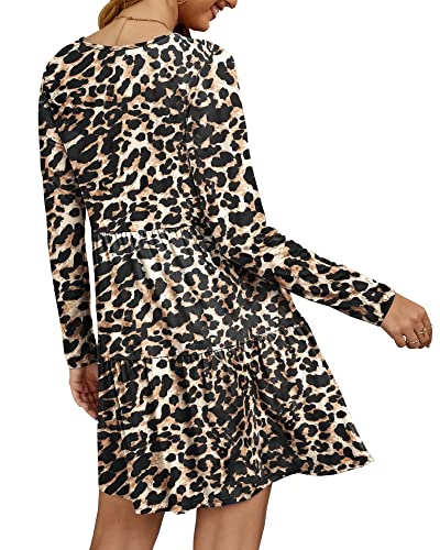 AUSELILY Vestido Mujer de Túnica de Manga Larga Cuello en V Mini Informal Volante Vestidos Holgada Acampanados, Leopardo con Lunares L