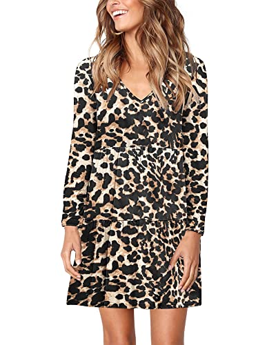 AUSELILY Vestido Mujer de Túnica de Manga Larga Cuello en V Mini Informal Volante Vestidos Holgada Acampanados, Leopardo con Lunares L