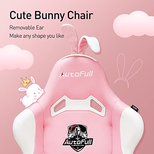 AutoFull Silla ergonómica Rosa para Juegos, Estilo Kawaii, Silla de Oficina de Piel sintética con Respaldo Alto y Orejas de Conejo y Cola