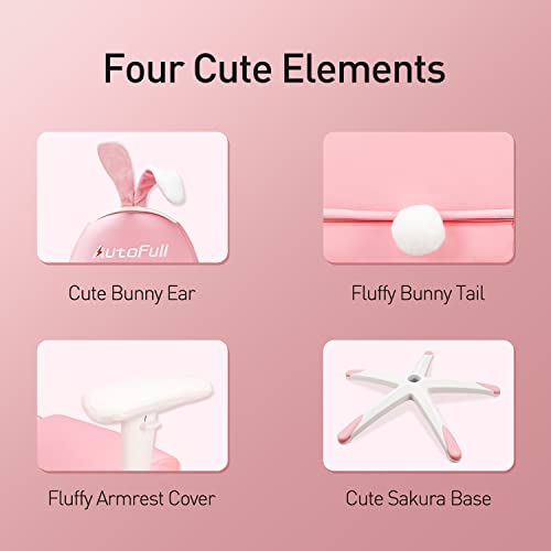 AutoFull Silla ergonómica Rosa para Juegos, Estilo Kawaii, Silla de Oficina de Piel sintética con Respaldo Alto y Orejas de Conejo y Cola