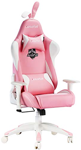 AutoFull Silla ergonómica Rosa para Juegos, Estilo Kawaii, Silla de Oficina de Piel sintética con Respaldo Alto y Orejas de Conejo y Cola