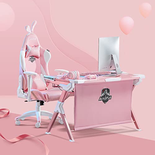 AutoFull Silla ergonómica Rosa para Juegos, Estilo Kawaii, Silla de Oficina de Piel sintética con Respaldo Alto y Orejas de Conejo y Cola