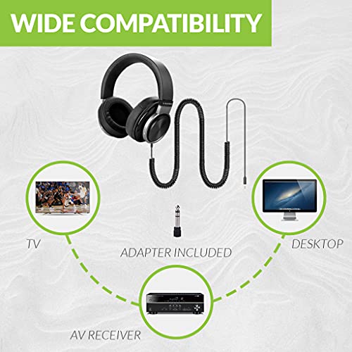 Avantree HF049 Auriculares sobre Oreja Cable Extra Largo Bobina TV(sin Control de Volumen) y PC,Cable extendido AUX 3,5 mm 16 pies/5 M Clip,Controladores 50 mm Sonido Alta precisión,Adaptador 6,35 mm