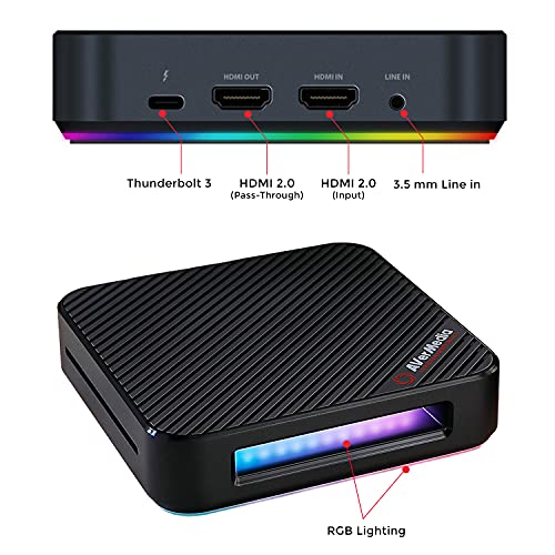 AVerMedia Live Gamer Bolt GC555- Caja de Captura de vídeo 4K p60 HDR Pass-Through, Ultra Baja Latencia, HDMI 2.0, luz Brillante RGB, conexión Sencilla y rápida con Las Plataformas PS4, Xbox, PS5