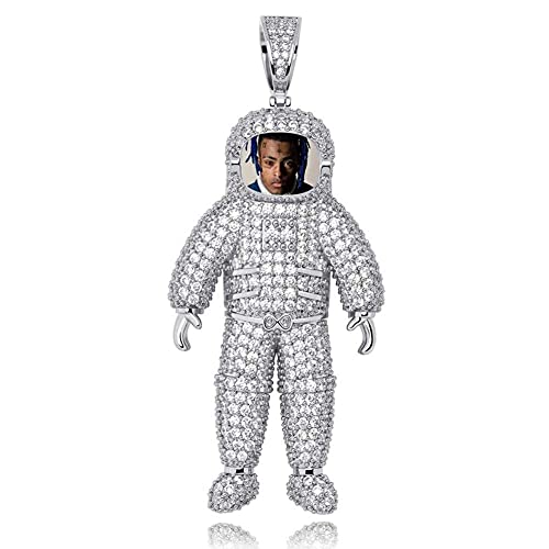 BAIYAN Hiphop Collar， Joyería Hip Hop Custom Photo Cadena de Memoria Astronauta Colgante Colgante Completamente CZ Collar de Diamante 18k Chapado en Oro para Hombres Mujeres