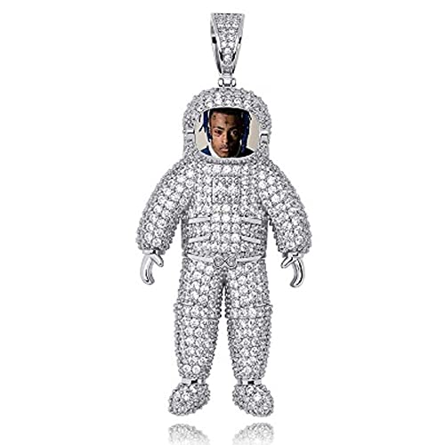 BAIYAN Hiphop Collar， Joyería Hip Hop Custom Photo Cadena de Memoria Astronauta Colgante Colgante Completamente CZ Collar de Diamante 18k Chapado en Oro para Hombres Mujeres