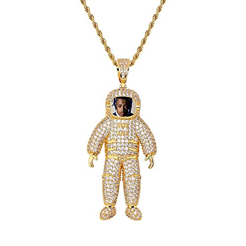 BAIYAN Hiphop Collar， Joyería Hip Hop Custom Photo Cadena de Memoria Astronauta Colgante Colgante Completamente CZ Collar de Diamante 18k Chapado en Oro para Hombres Mujeres
