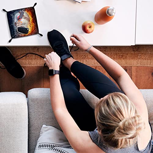 Bandeja de cuero,Béisbol Bahrein Fuego y agua ,Bandeja de cuero plegable para reloj de joyería de monedas de llave de almacenamiento