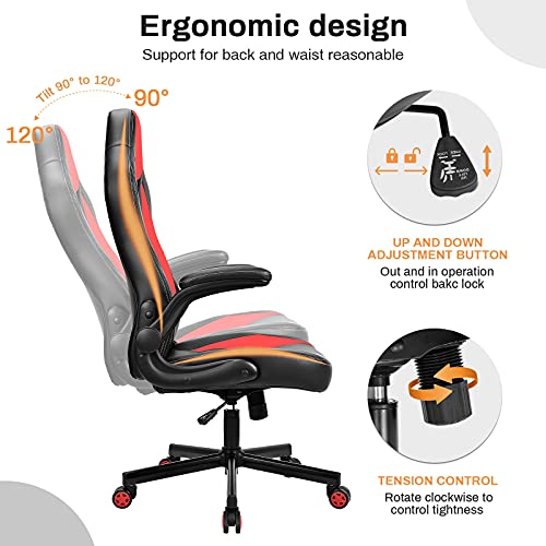 BASETBL Silla Oficina Ergonómica, Silla Gaming Cuero PU con Altura Ajustable, Silla Racing Butaca Plegable, Silla Escritoria Giratoria, Carga Máx 150kg (Rojo)