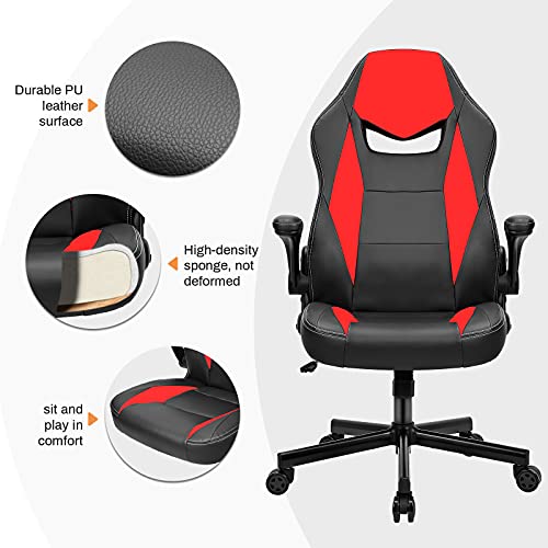 BASETBL Silla Oficina Ergonómica, Silla Gaming Cuero PU con Altura Ajustable, Silla Racing Butaca Plegable, Silla Escritoria Giratoria, Carga Máx 150kg (Rojo)