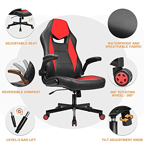 BASETBL Silla Oficina Ergonómica, Silla Gaming Cuero PU con Altura Ajustable, Silla Racing Butaca Plegable, Silla Escritoria Giratoria, Carga Máx 150kg (Rojo)