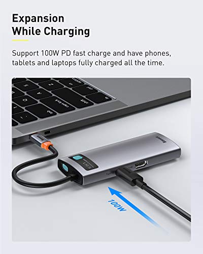 Baseus Hub USB C - 6 En 1 USB C Adaptador a HDMI 4K, 3 Puertos USB 3.0, USB C 100W, Docking Station USB Tipo C a Ethernet 1Gbps para MacBook Pro/Air, XPS, Samsung S21/S20 y Otros Dispositivos