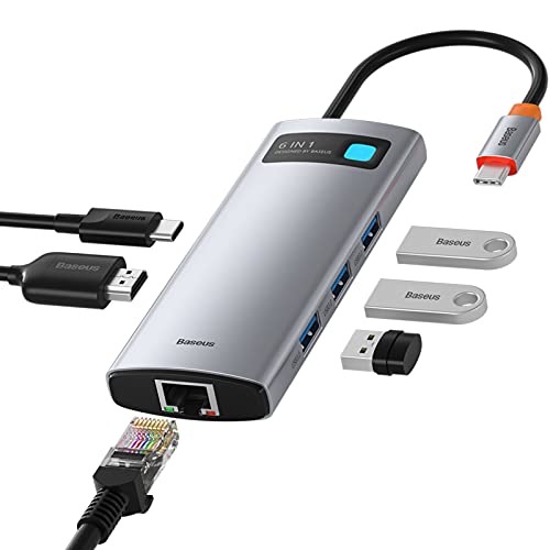 Baseus Hub USB C - 6 En 1 USB C Adaptador a HDMI 4K, 3 Puertos USB 3.0, USB C 100W, Docking Station USB Tipo C a Ethernet 1Gbps para MacBook Pro/Air, XPS, Samsung S21/S20 y Otros Dispositivos
