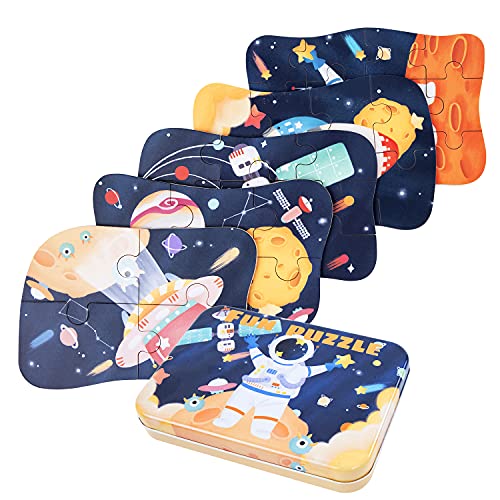 BBLIKE Puzzle Infantil de para niños Rompecabezas de Espacio, puzle de 5 imágenes, puzle de Madera, Adecuado para niños y niñas a Partir de 3, 4 y 5 años